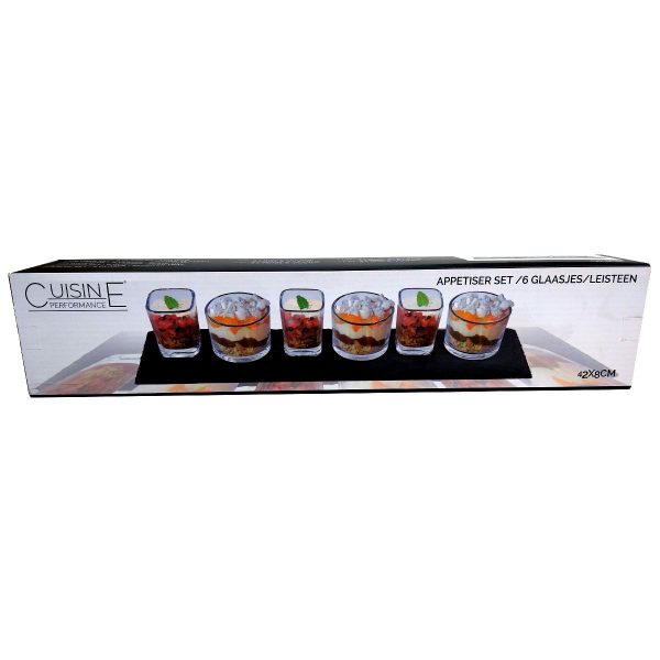 Tapasplank Leisteen met 6 Glaasjes - 42x8 cm - Aperatief set