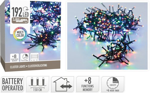 Clusterverlichting 192 led - 1.4m - multicolor - Batterij - Lichtfuncties - Geheugen - Timer